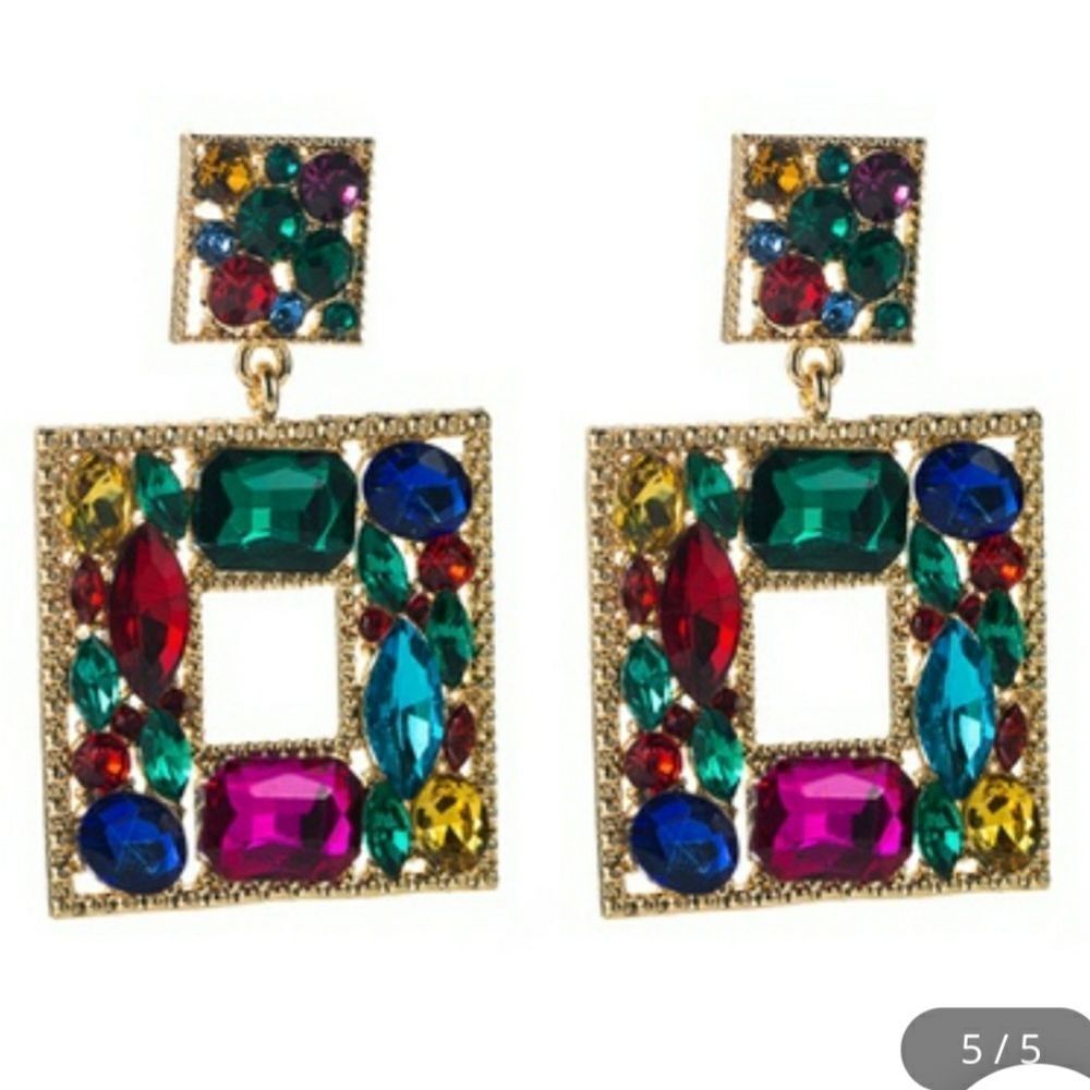 Rhinestone Geometric Statement Earrings Jewel Tone - Picture 10 of 11